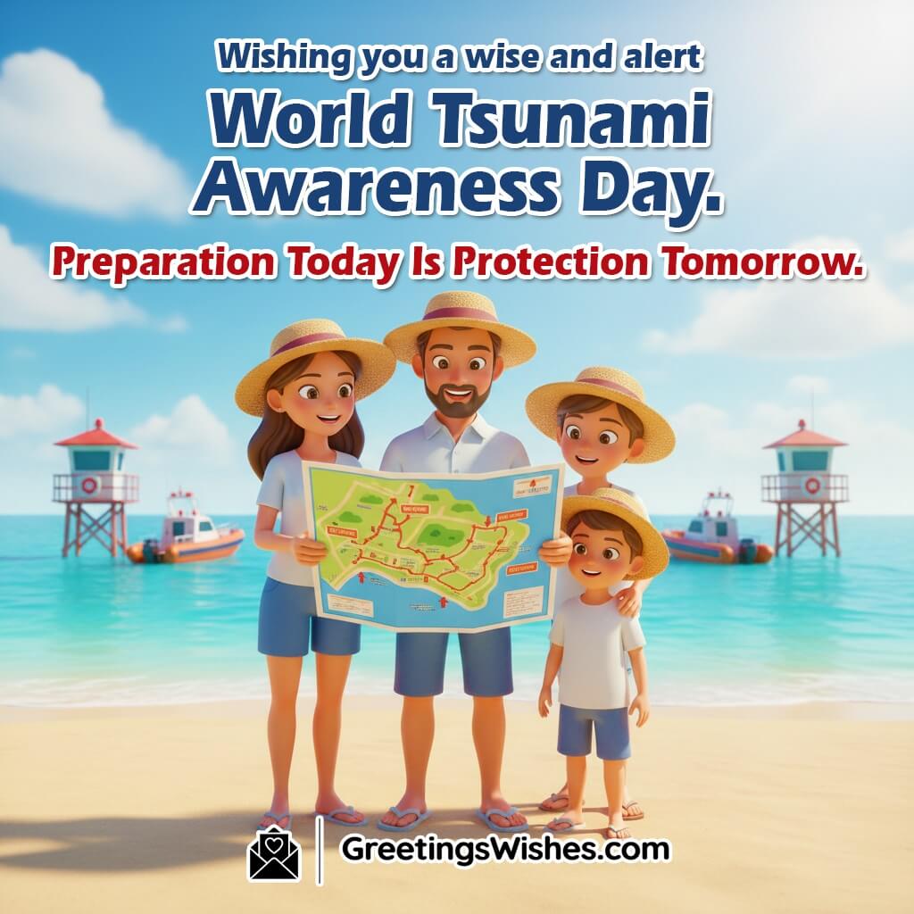 World Tsunami Awareness Day image featuring a family checking safety maps near the sea with rescue boats in the background, symbolizing awareness, wisdom, and protection.