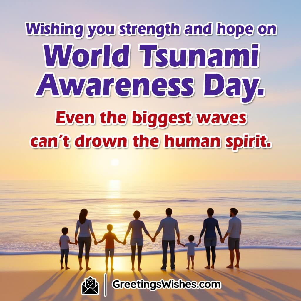 World Tsunami Awareness Day image featuring a sunrise over calm waters with silhouettes of people holding hands on the shore, symbolizing resilience, unity, and hope.