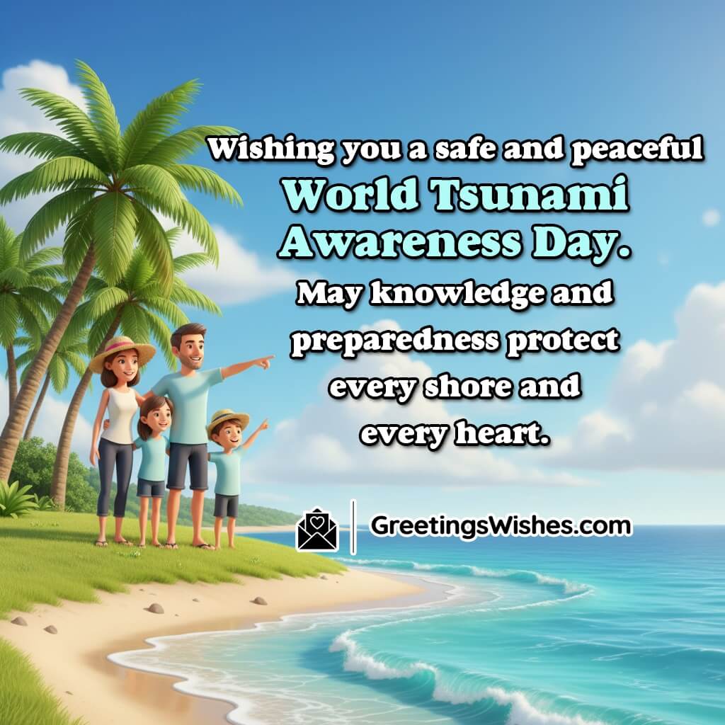 World Tsunami Awareness Day image featuring calm ocean waves under a bright morning sky with people watching from a safe elevated point, symbolizing peace, awareness, and preparedness.