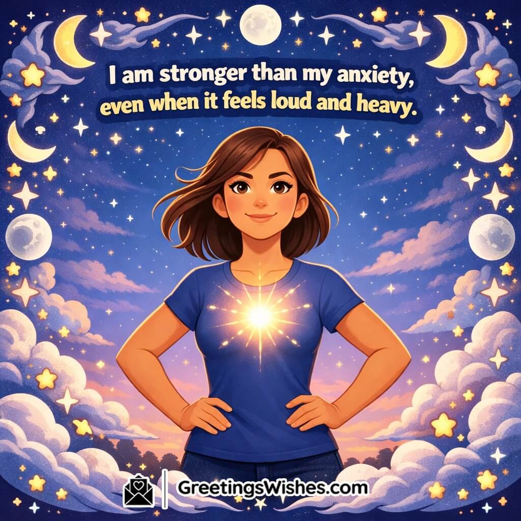 Strength affirmation image featuring a confident woman under a calm night sky with a celestial creative border symbolizing resilience and inner power.