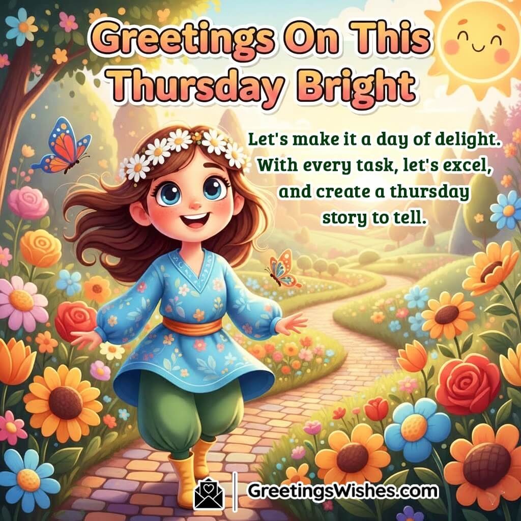 Beautiful Thursday Greeting featuring a cheerful garden pathway, symbolizing happiness, excellence, and joyful effort.