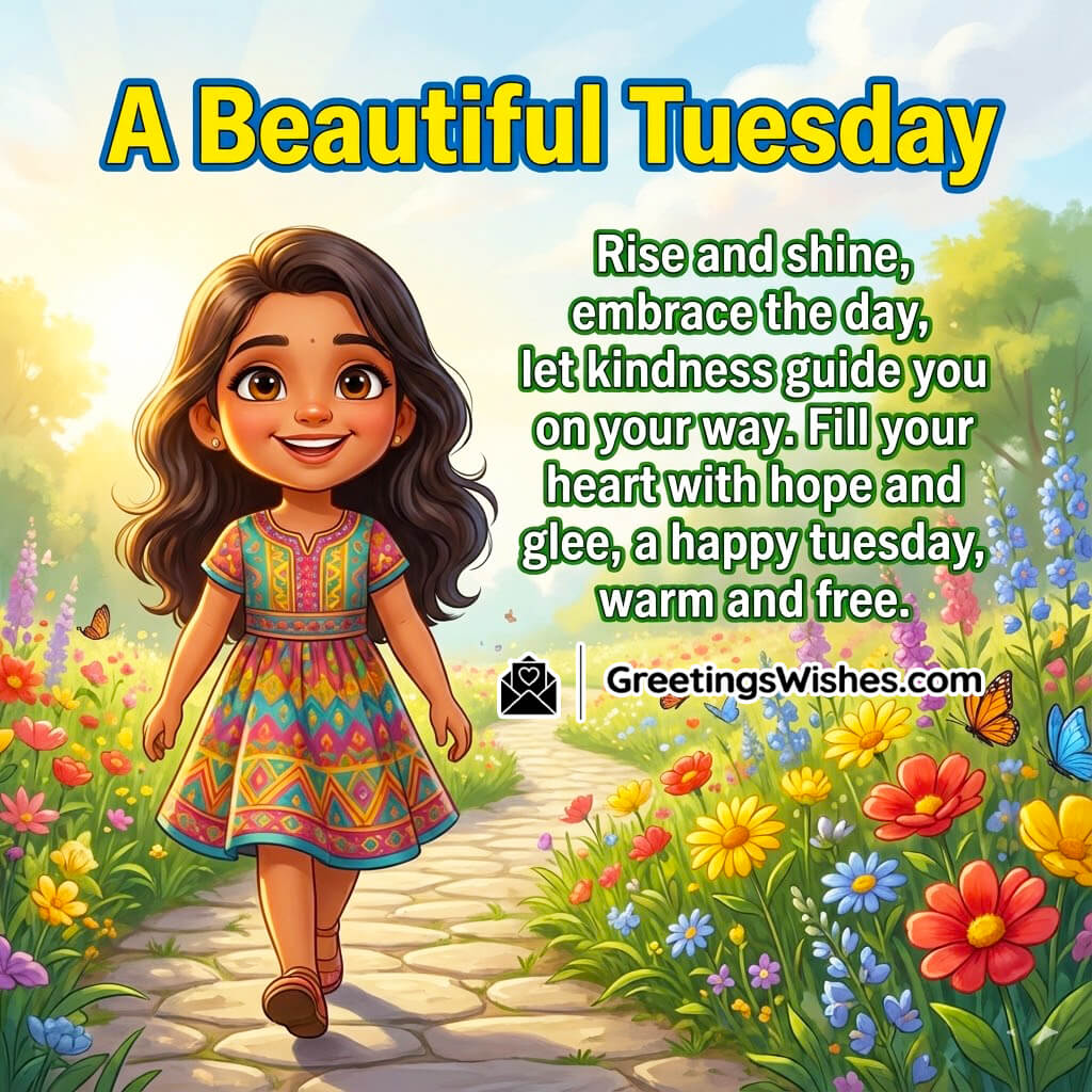 Beautiful Tuesday Morning Rhyme Image featuring a cheerful garden scene, symbolizing joy, kindness, and a bright beginning.
