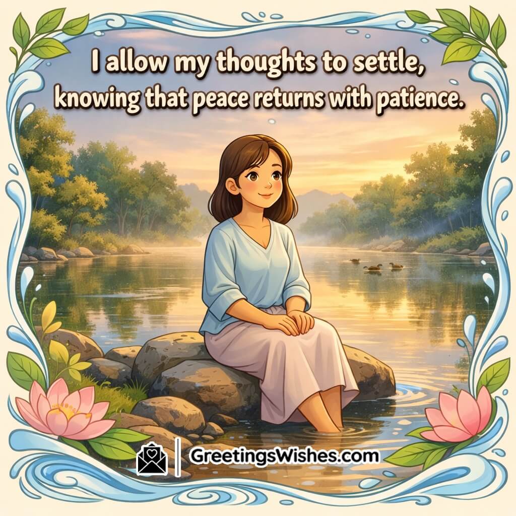 Peace affirmation image featuring a calm woman sitting by a quiet river with a soft flowing creative border symbolizing patience and mental calm.