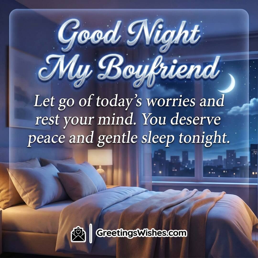 Comforting Good Night Messages For Boyfriend image featuring a modern bedroom with a city view through big windows and a soft moon outside, symbolizing releasing stress and welcoming peaceful sleep.