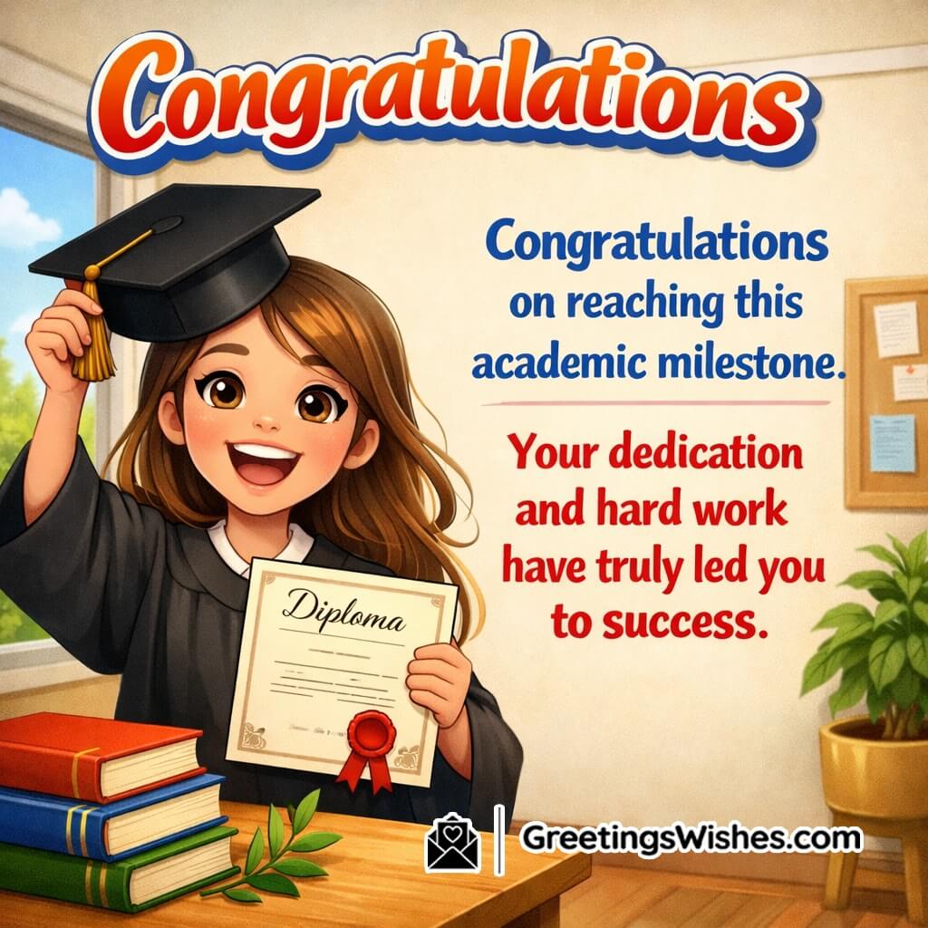 Congratulations academic milestone message image featuring a certificate and graduation cap with books, symbolizing learning, dedication, and proud achievement.