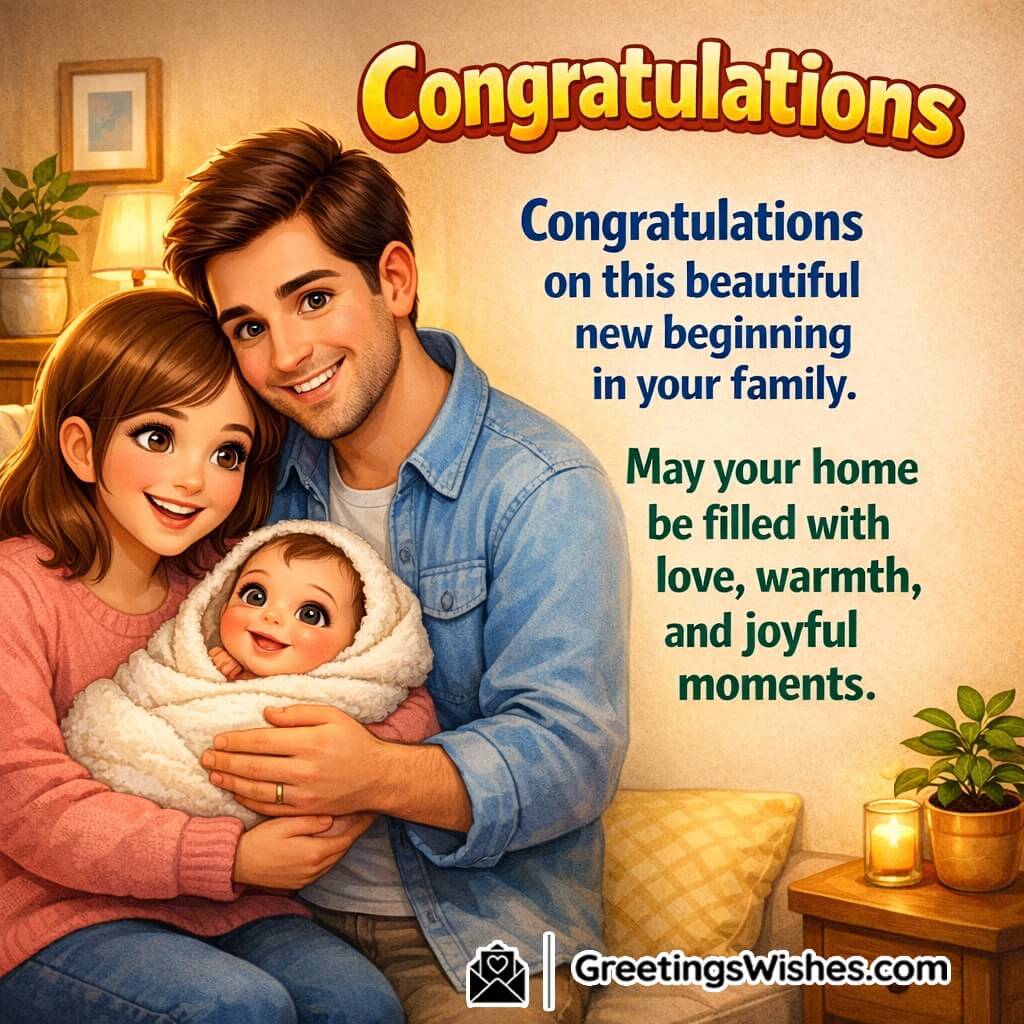 Congratulations new family beginning message image featuring a cozy home moment with a baby and loving smiles, symbolizing warmth, blessings, and joyful togetherness.