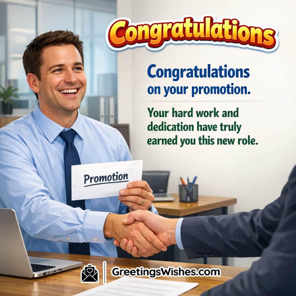 Congratulations promotion message image featuring a handshake and promotion letter moment in a bright office, symbolizing career growth, trust, and new responsibility.