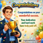 Congratulations success message image featuring a trophy celebration scene with confetti and a confident smile, symbolizing achievement, dedication, and proud progress.