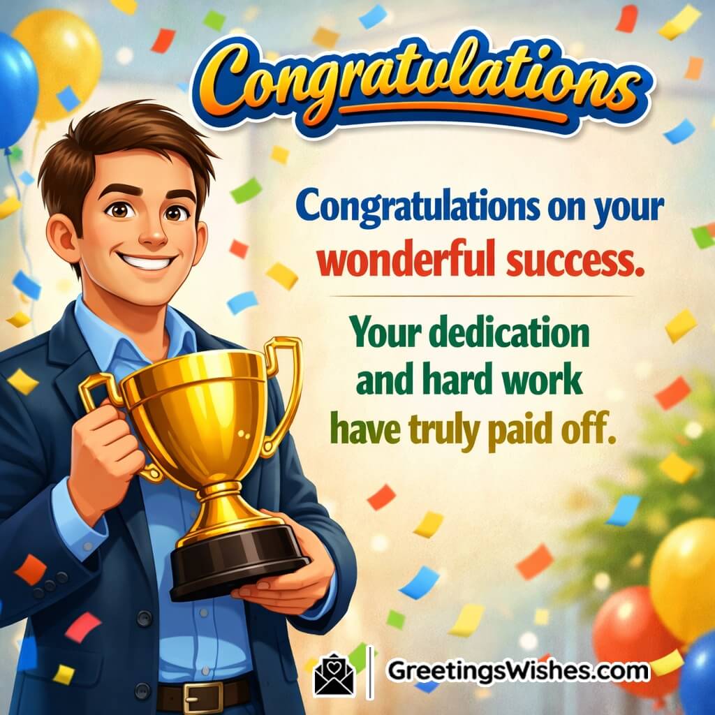 Congratulations success message image featuring a trophy celebration scene with confetti and a confident smile, symbolizing achievement, dedication, and proud progress.