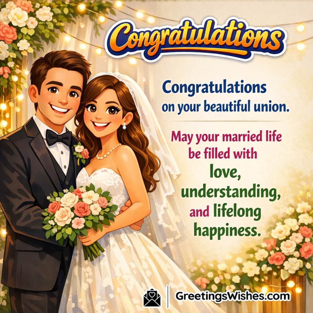 Congratulations wedding union message image featuring a smiling couple with floral decor and warm lights, symbolizing love, togetherness, and lifelong happiness.