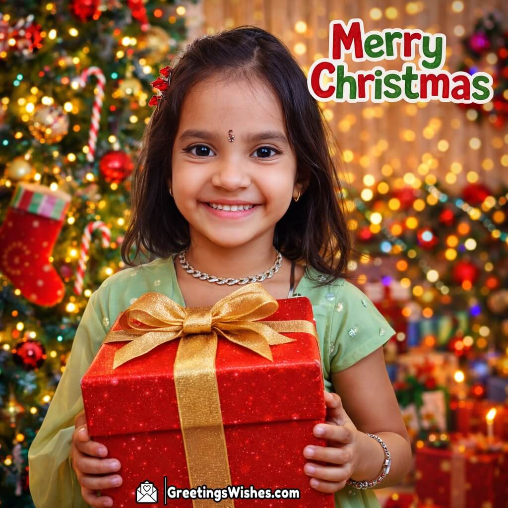 Custom Merry Christmas Kid With Gift Box Photo