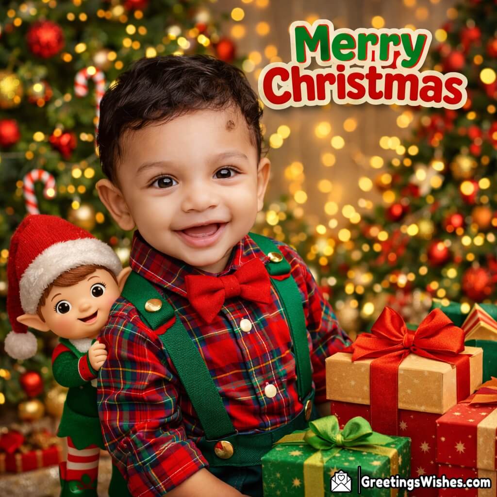 Customized Merry Christmas Kid With Elf Photo