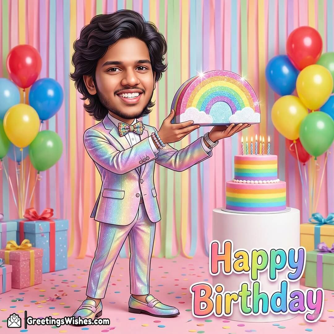 Customized Rainbow Caricature Happy Birthday Photo