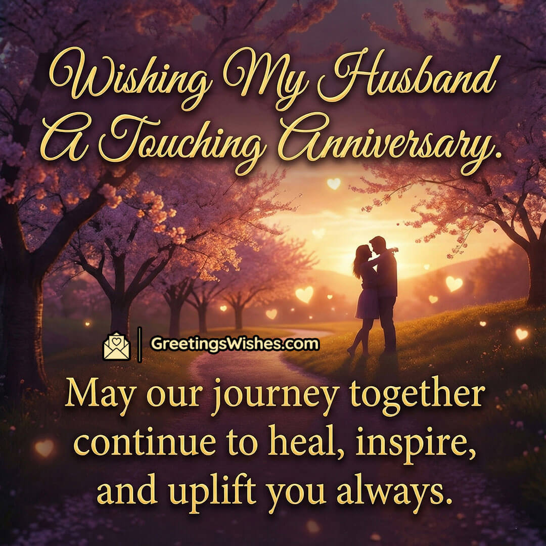 Emotional Anniversary Wishes For Husband image featuring a couple silhouette hugging on a sunset path under blooming trees with floating hearts, symbolizing togetherness healing and lifelong support.