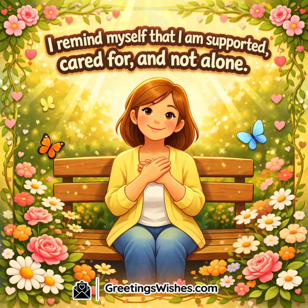 Emotional support affirmation image featuring a gentle woman in a sunny garden with a nurturing floral border symbolizing care, comfort, and belonging.