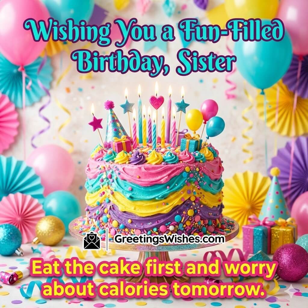 Fun filled birthday wishes for sister image featuring playful colourful celebration elements symbolizing laughter fun and carefree joy.