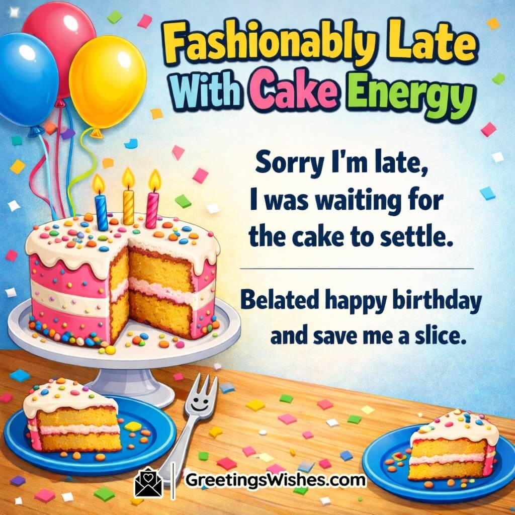 Funny Belated Birthday Wish image featuring a cake stand balloons confetti and a missing slice symbolizing playful humour and sweet late greetings
