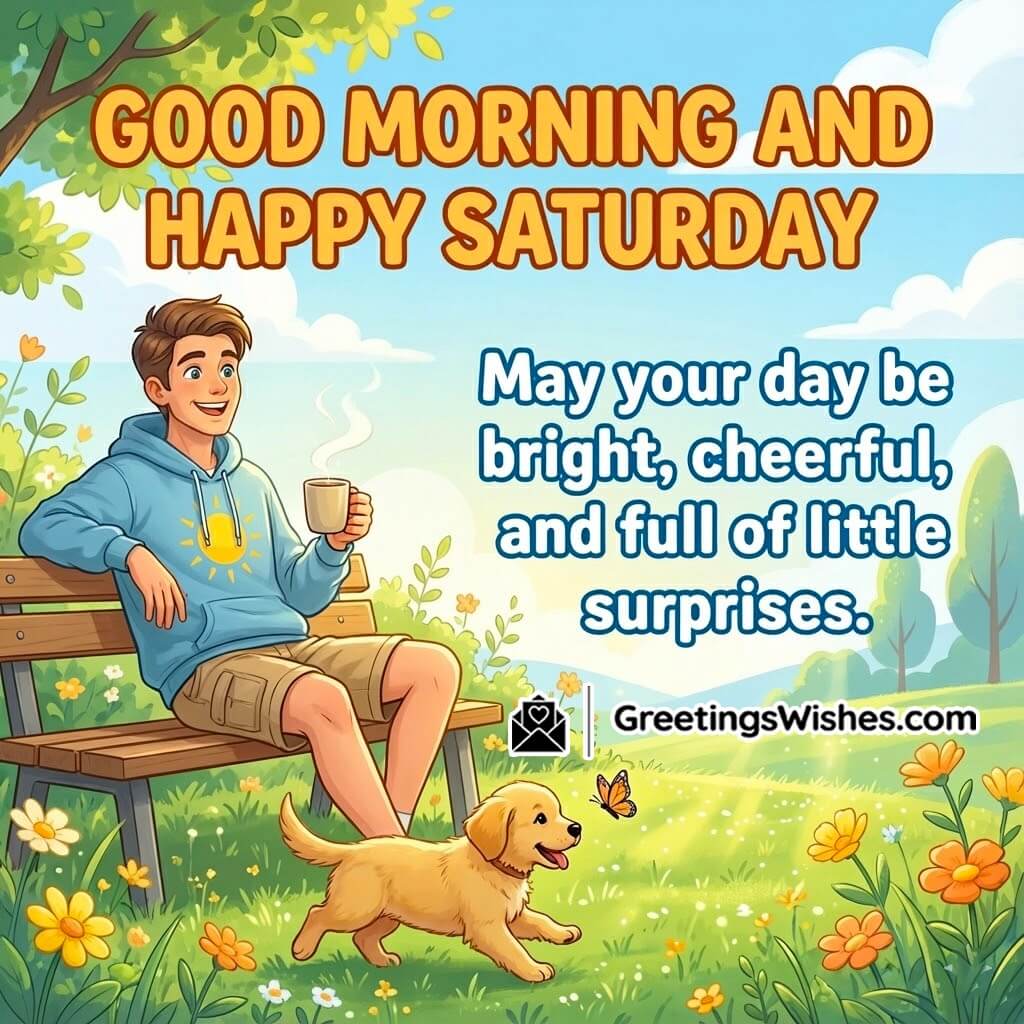 Good morning and happy saturday image featuring a bright weekend morning scene, symbolizing joy, freshness, and pleasant surprises.