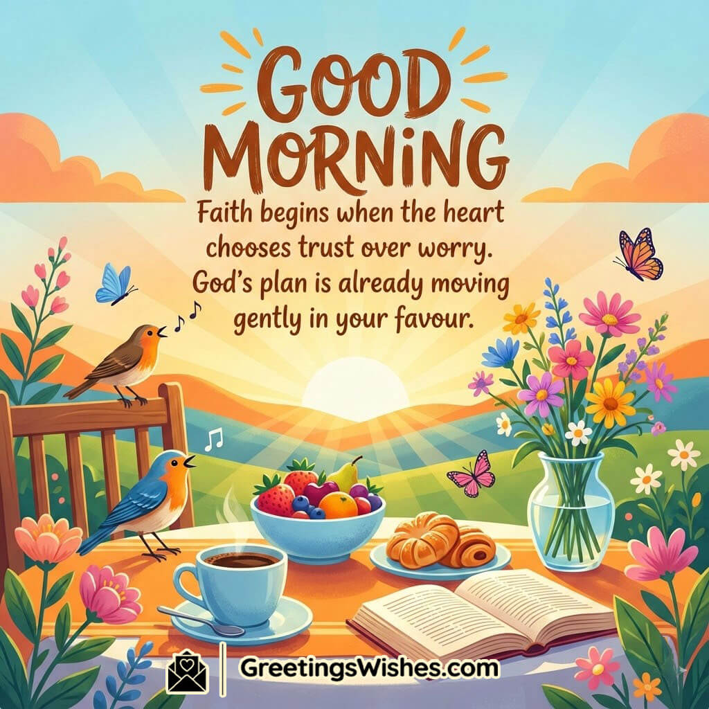 Good Morning Faith And Trust Quote showing a peaceful sunrise with birds flowers coffee and an open book symbolising trust in God hope and calm beginnings.