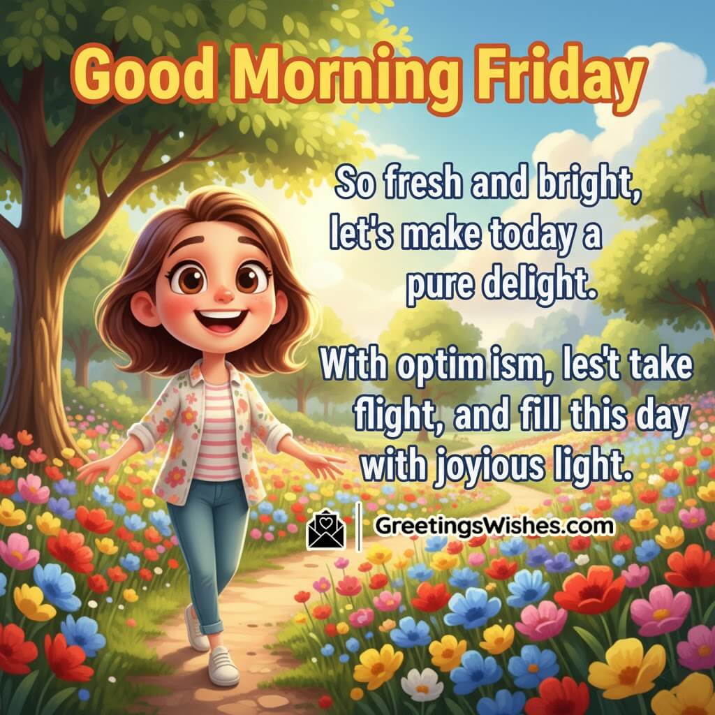 Good Morning Friday Greeting featuring a cheerful park scene, symbolizing joy, positivity, and bright morning energy.