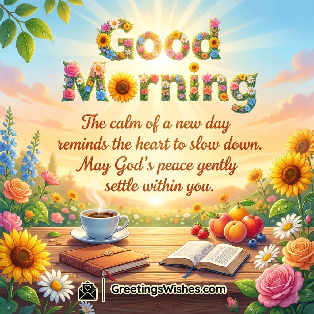 Good Morning God Peace Message illustrated with soft morning light flowers books and coffee representing inner peace faith and a gentle start to the day.