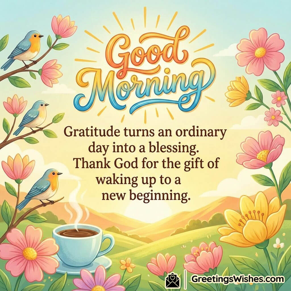 Good Morning Gratitude Blessing Quote featuring birds flowers and a warm morning scene expressing thankfulness faith and joy of a new day.