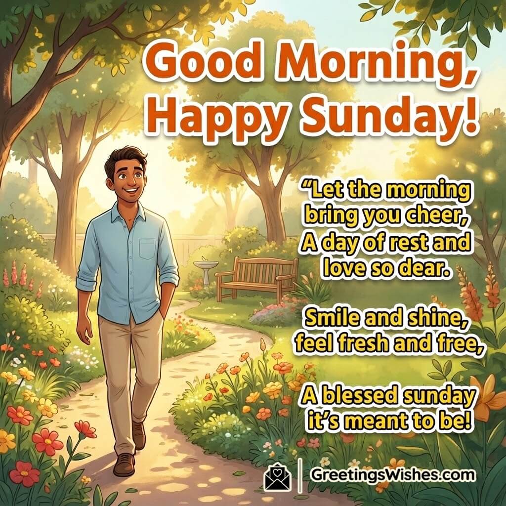Good Morning Happy Sunday Greetings featuring a cheerful Sunday garden scene, symbolizing freshness, calmness, and a joyful start to the weekend day.