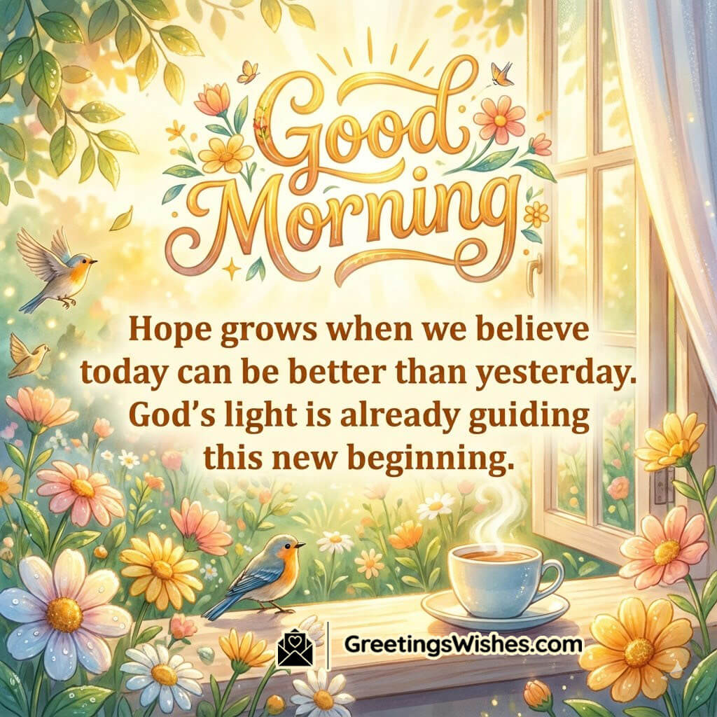 Good Morning Hope And Guidance illustrated with sunlight through a window flowers birds and coffee representing divine guidance hope and fresh beginnings.