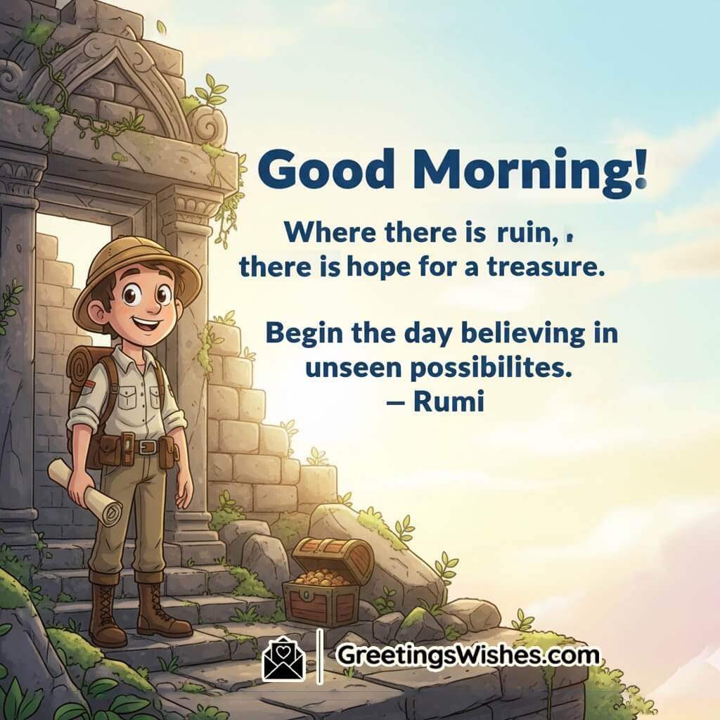 Good Morning Hope and Unseen Possibilities Rumi Quote Image featuring a person near ancient ruins with sunrise rays and a subtle treasure hint, symbolizing hope, renewal, and hidden chances.