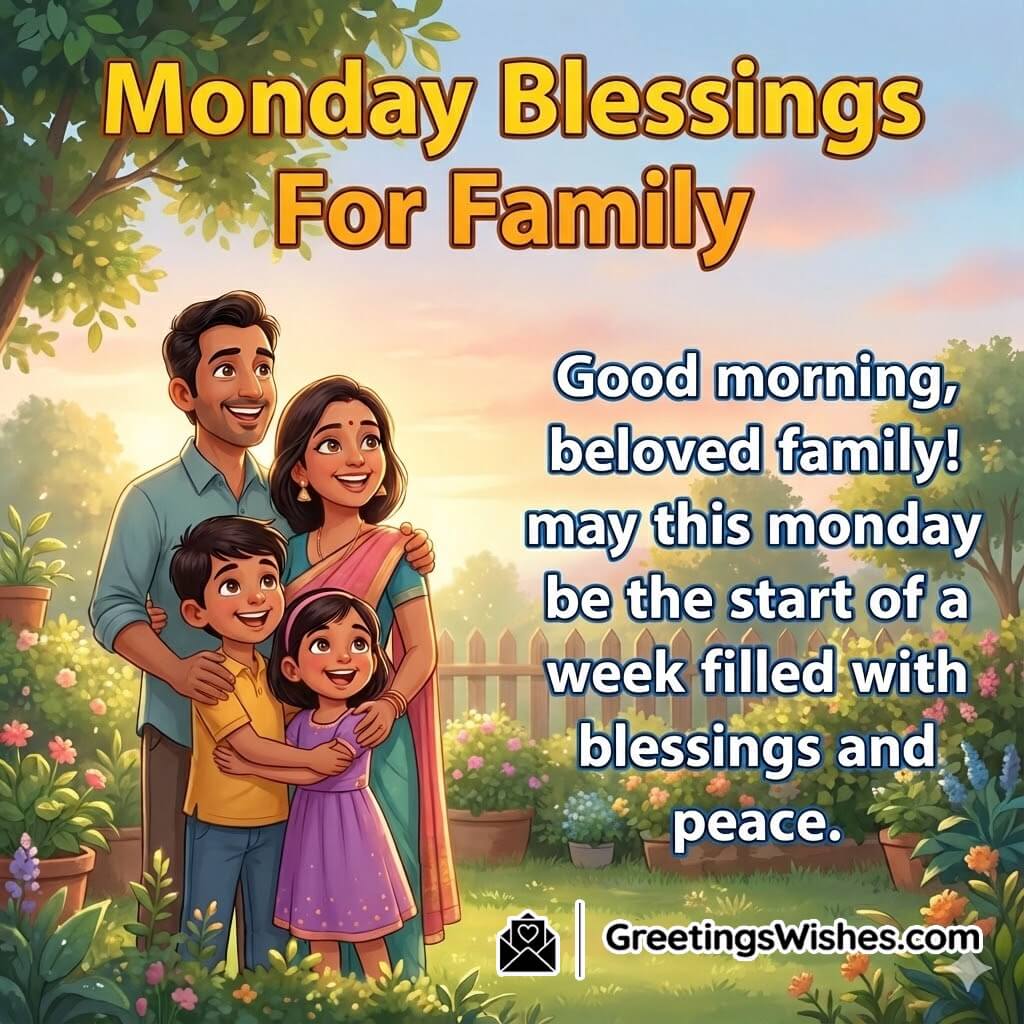 Monday blessing image featuring a joyful family standing in a bright garden, symbolizing peace, unity, and a blessed beginning to the week.