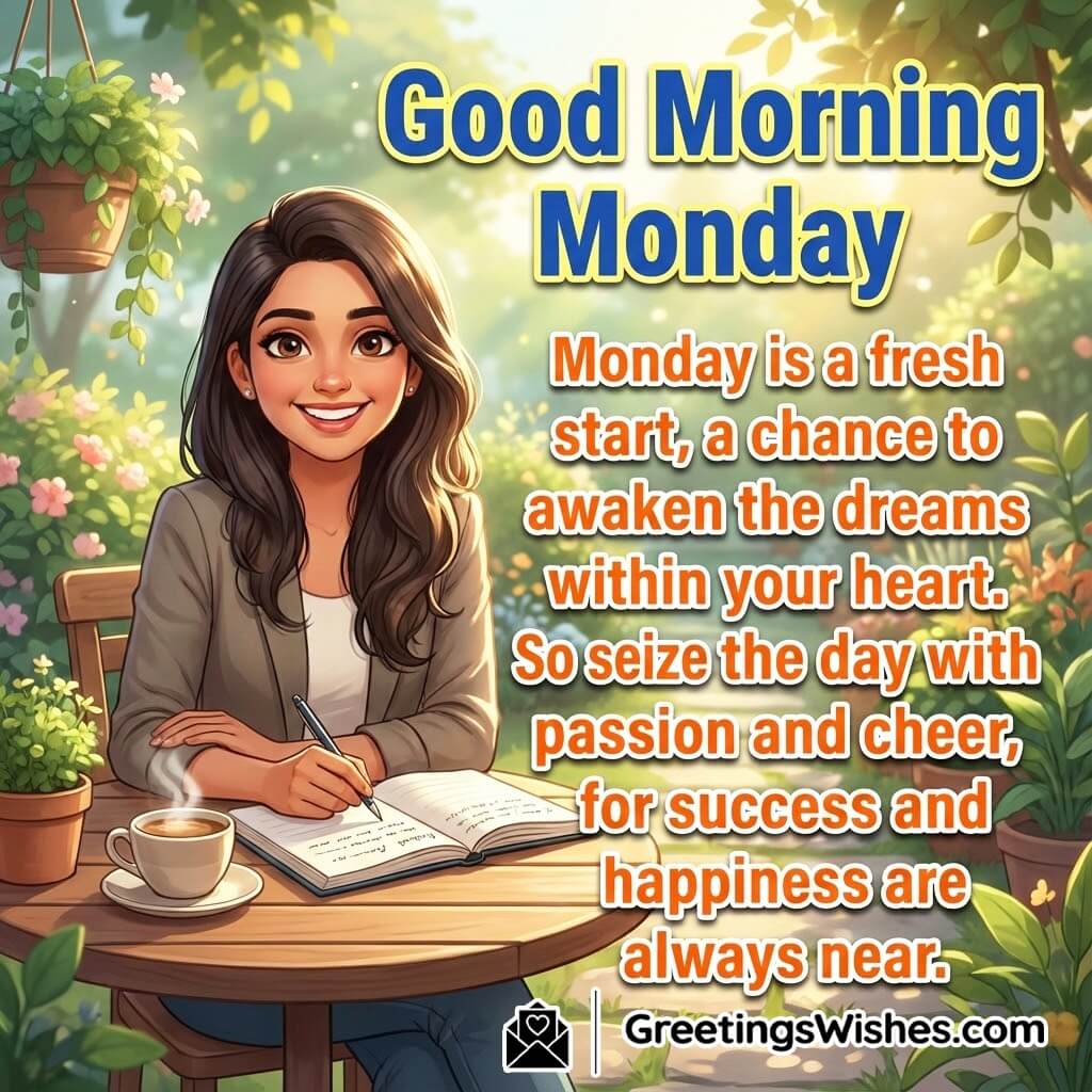 Good morning monday motivation image featuring a cheerful outdoor café moment, symbolizing inspiration, new opportunities, and forward movement.