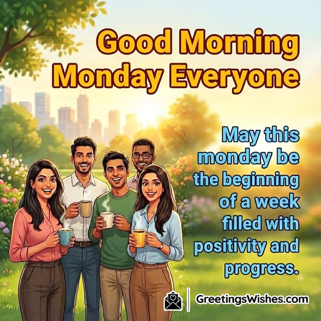 Good morning monday wish image featuring a cheerful group in a bright outdoor scene, symbolizing enthusiasm, progress, and a positive start to the week.