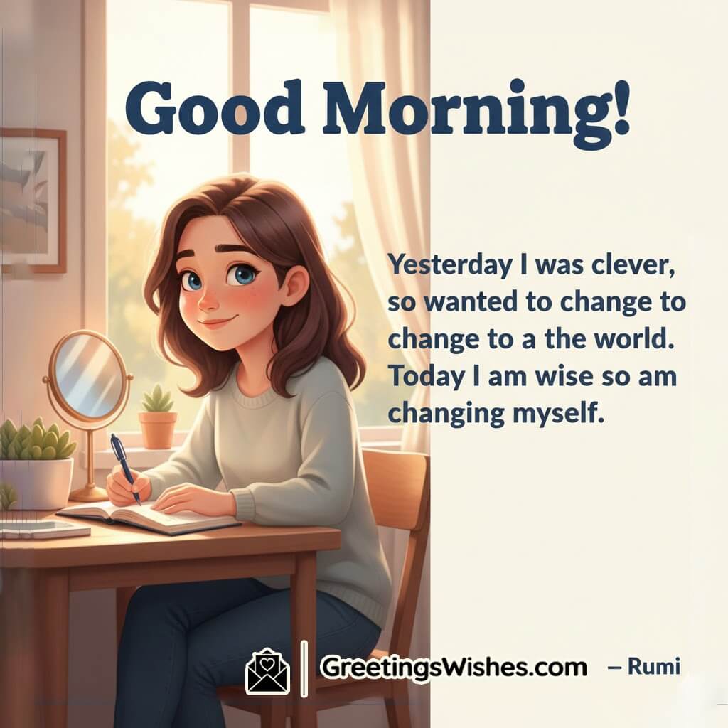 Good Morning Self Change Wisdom Rumi Quote Image featuring a person journaling beside a sunlit window and mirror with a small plant, symbolizing reflection, inner growth, and wise new beginnings.