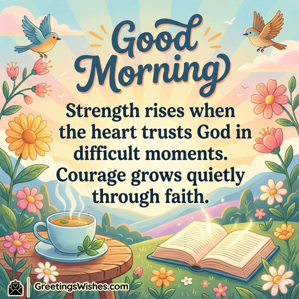 Good Morning Strength Through Faith showing a bright floral morning scene with an open book and coffee symbolising courage trust and spiritual strength.