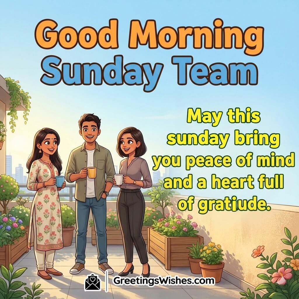Good morning Sunday team wish image featuring cheerful team members, symbolizing positivity, gratitude, and a refreshed start.