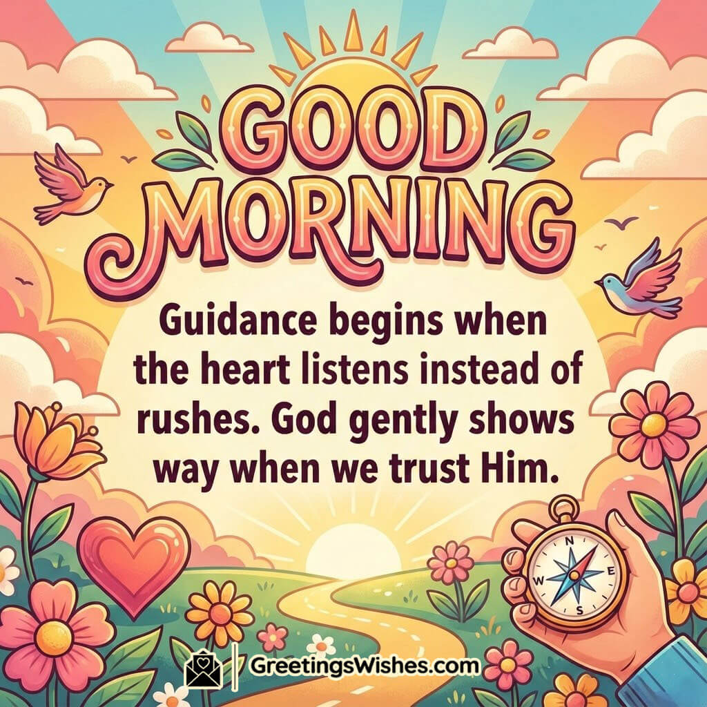 Good Morning Trust God Quote featuring a sunrise path flowers birds and a compass symbolising faith patience divine direction and calm assurance.