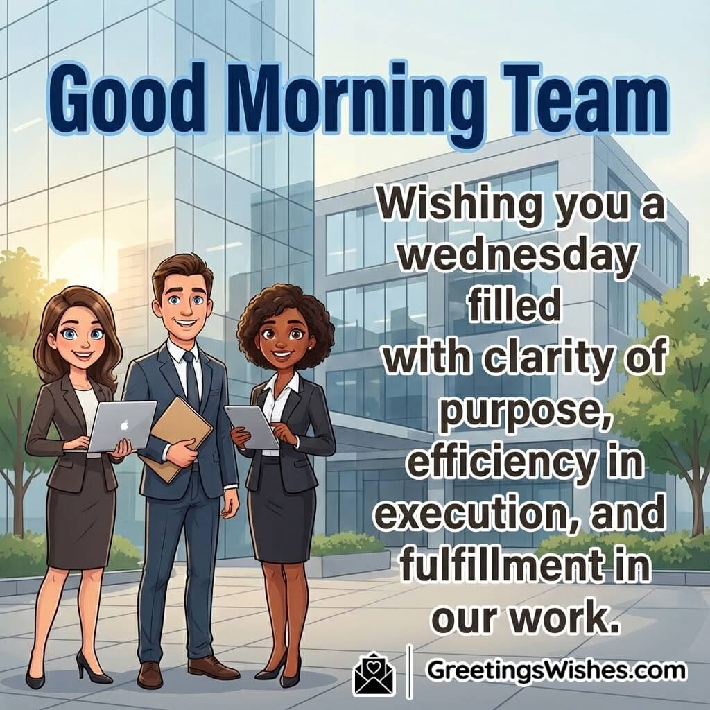 Good morning wednesday team motivation image featuring professionals in a bright office environment, symbolizing purpose, teamwork, and productive energy.