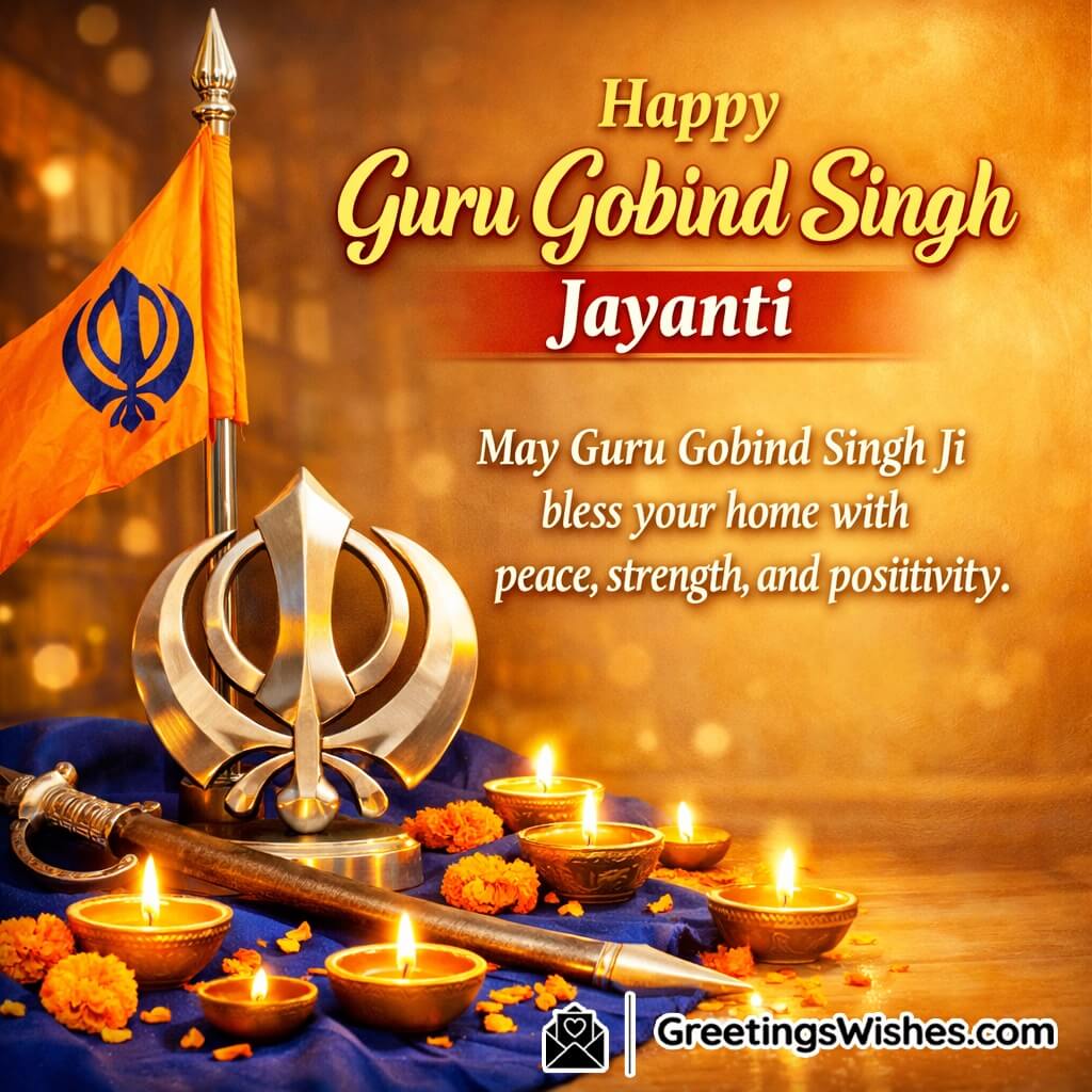 Guru Gobind Singh Jayanti Greetings image featuring Nishan Sahib and sacred Sikh symbols with warm festive light symbolizing peace strength and spiritual positivity.