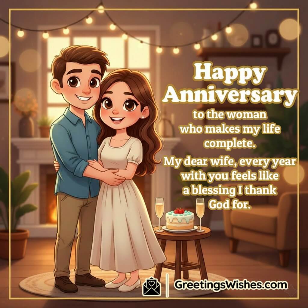 Happy Anniversary Message Image for Dear Wife featuring a loving couple beside warm lights and a small anniversary cake setup, symbolizing gratitude, commitment, and togetherness.