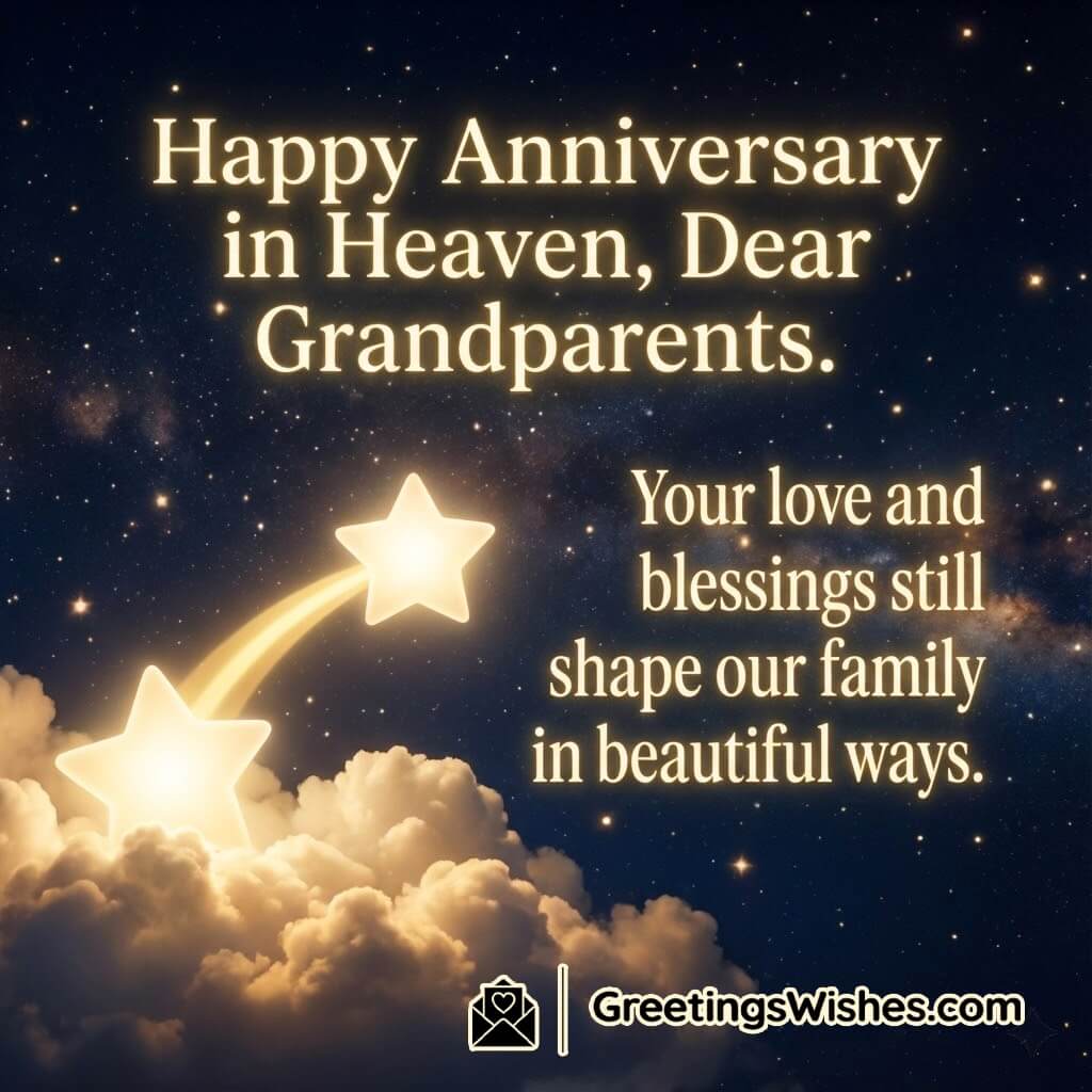 Happy Anniversary in Heaven Grandparents image featuring two glowing connected stars above soft clouds in a quiet night sky symbolizing togetherness guidance and lasting blessings.