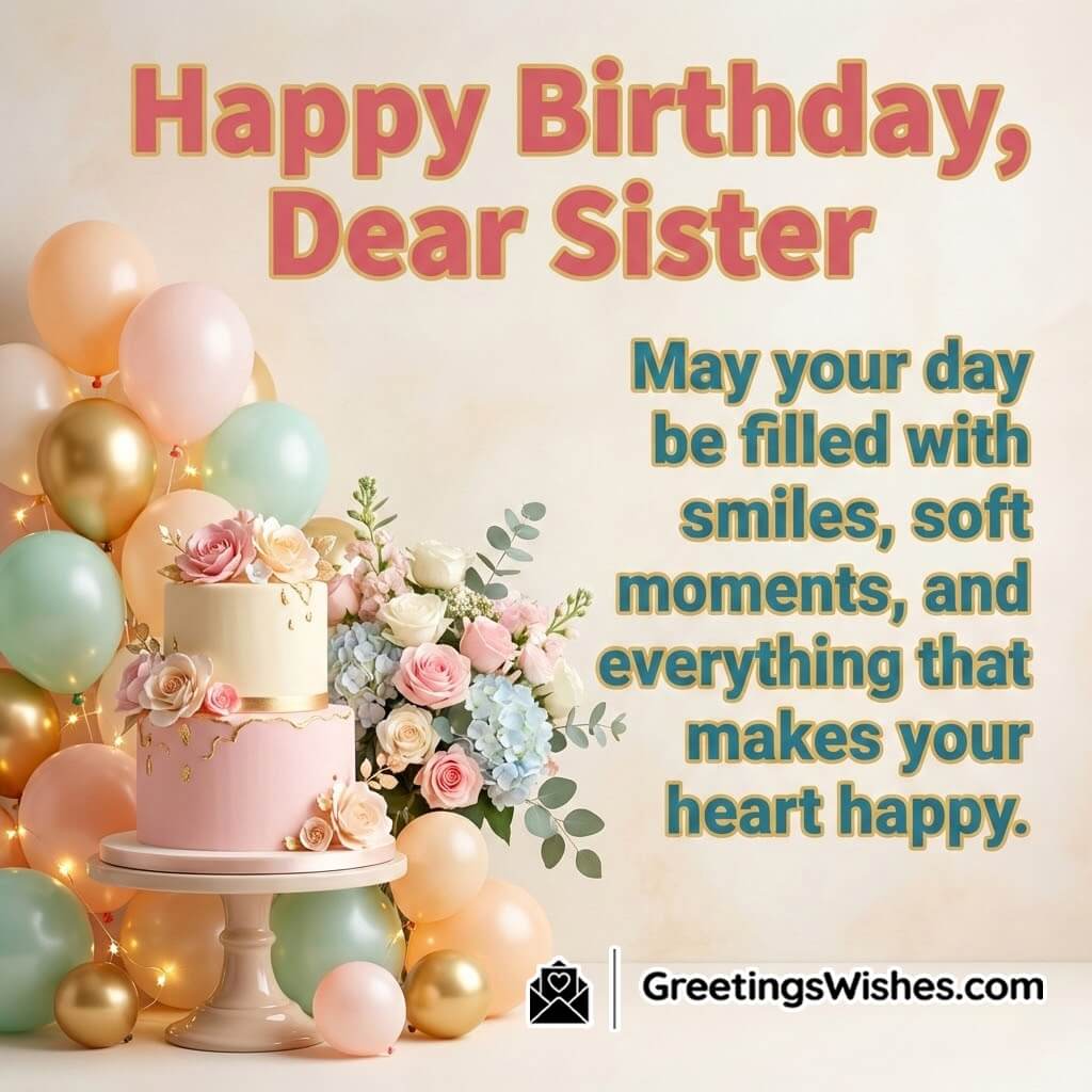 Happy Birthday Dear Sister image featuring colourful birthday decorations and joyful elements symbolizing smiles soft moments and heartfelt happiness.