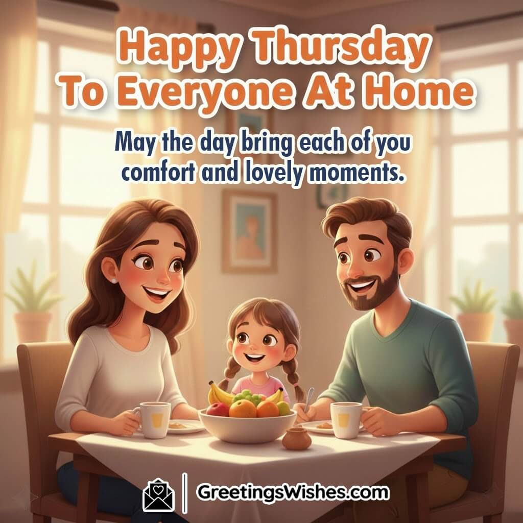 Happy Thursday Home Wish Image featuring a cheerful family morning moment, symbolizing comfort, joy, and togetherness.