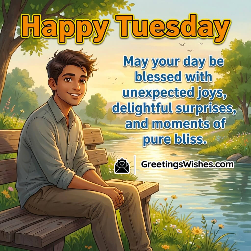 Happy Tuesday Message Image featuring a calm riverside morning, symbolizing joy, serenity, and pleasant surprises.