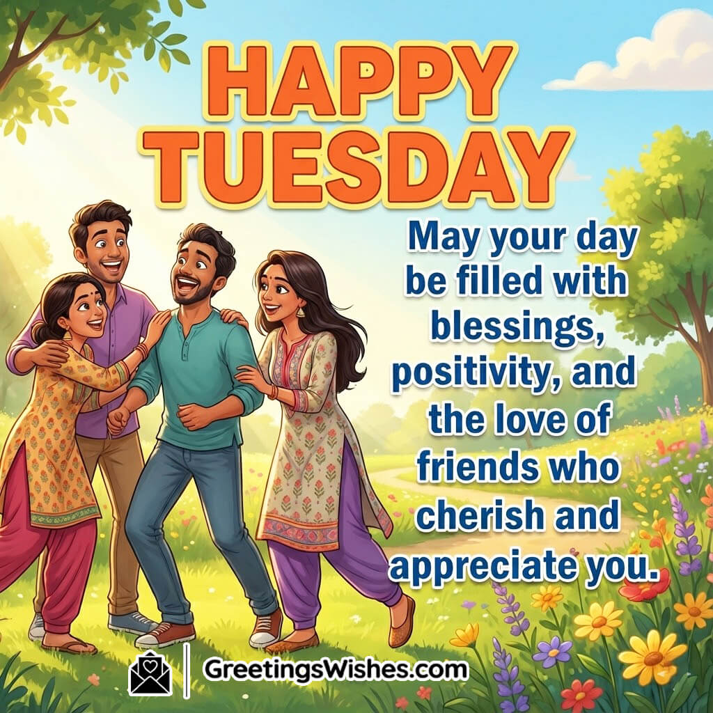 Happy Tuesday Wish Image featuring cheerful friends enjoying a bright morning scene, symbolizing positivity, companionship, and heartfelt joy.