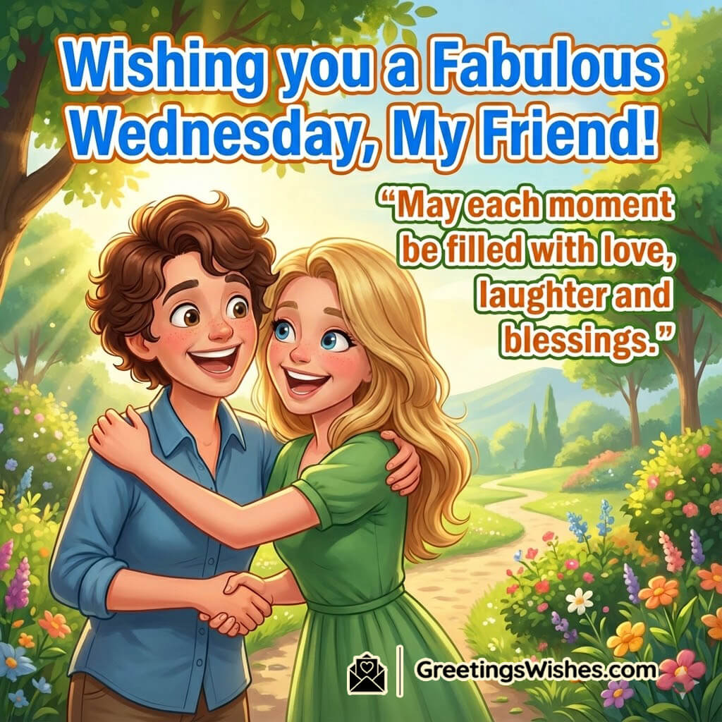 Happy wednesday blessing image for friend featuring a cheerful park scene, symbolizing joy, friendship, and a bright uplifting day.