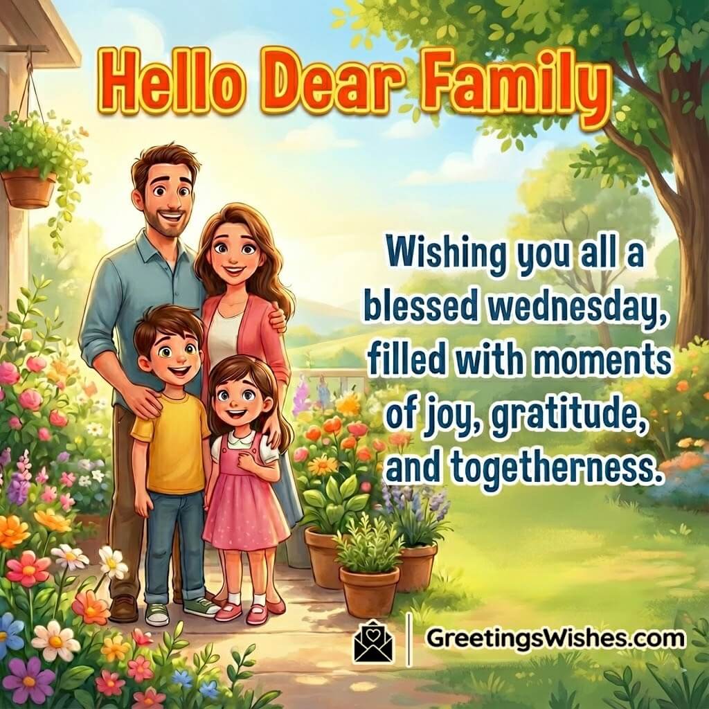 Happy wednesday family blessing image featuring a cheerful family morning scene, symbolizing unity, gratitude, and joyful togetherness.