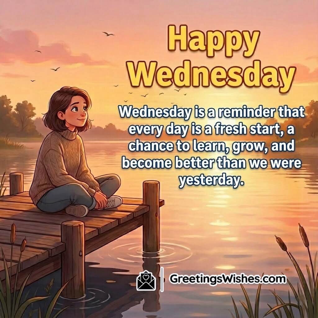 Happy wednesday inspiration image featuring a calm sunrise pier scene, symbolizing reflection, growth, and positive new beginnings.