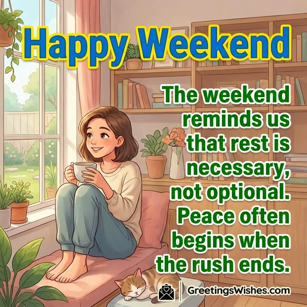 Happy Weekend Mindful Rest Quote Image featuring a calm reflective moment, symbolizing rest, balance, and inner peace.