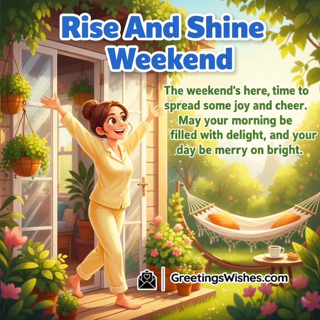 Happy Weekend Morning Greeting featuring a cheerful morning outdoor scene, symbolizing joy, lightness, and carefree moments.