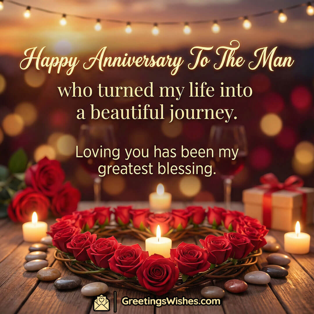 Heartfelt Anniversary Quotes For Husband image featuring a heart shaped rose arrangement candles string lights and a wrapped gift on a wooden table, symbolizing romance gratitude and a beautiful life journey together.